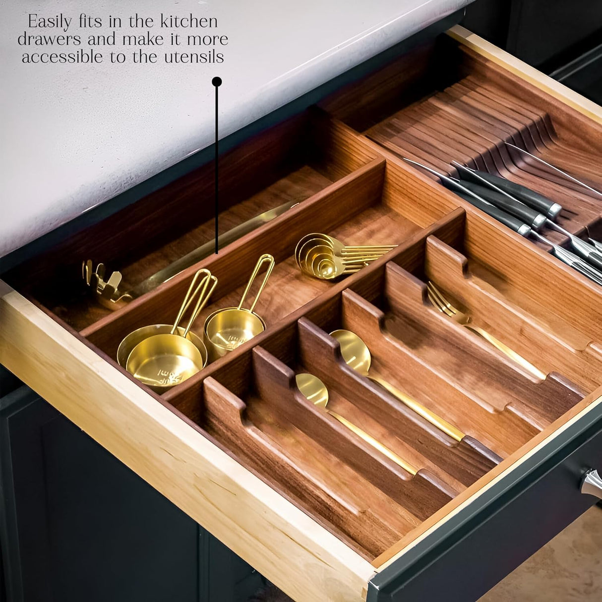 Kitchen Drawer Organizer Flatware Utensil and Knife Storage Tray Natural Wood Silverware Holder for Neat and Stylish Organization.