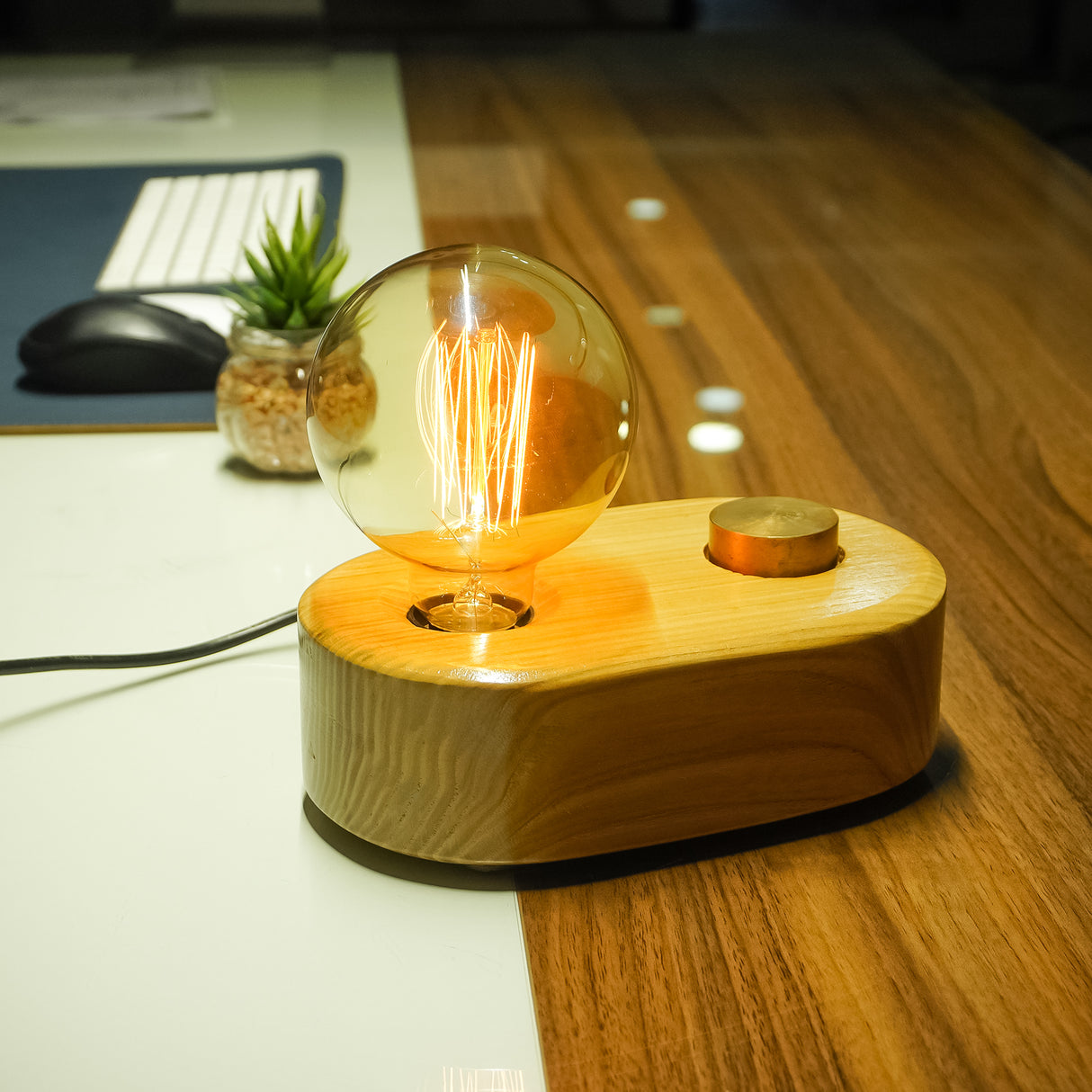 Sleek Rounded Wooden Desk Lamp with Adjustable Glow