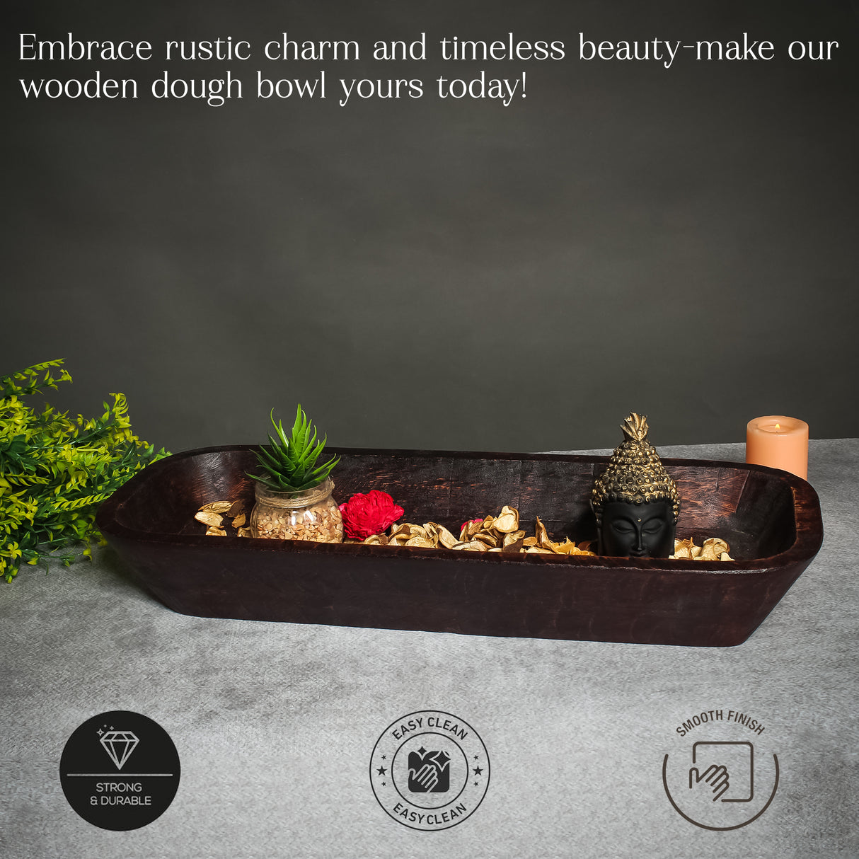 Rustic Wooden Dough Bowl – Handcrafted Decorative Centerpiece (20" x 8" x 3")