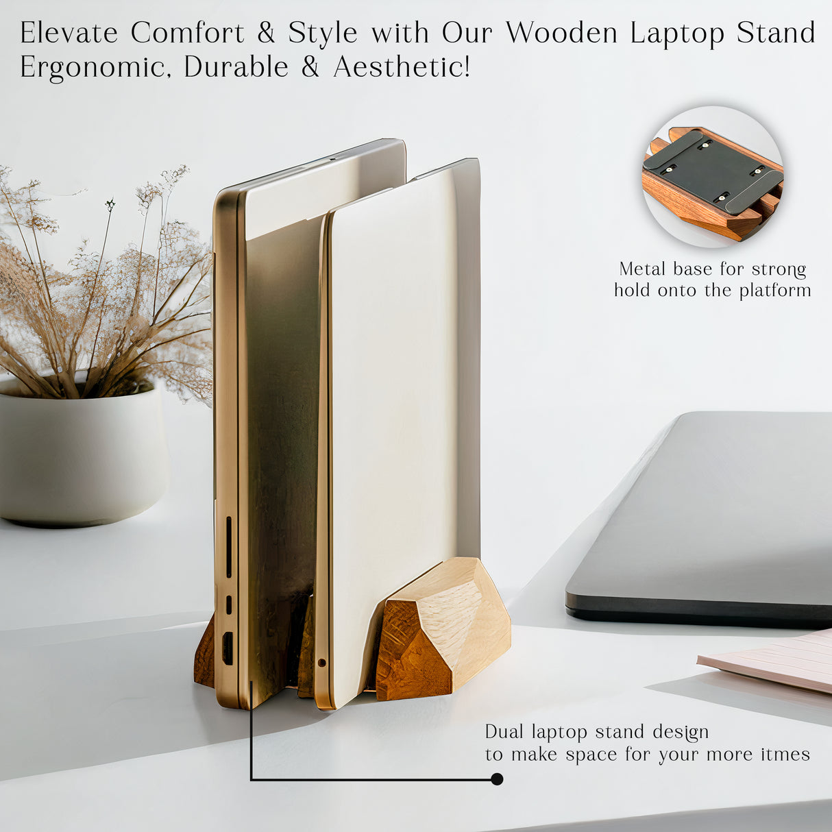 Wooden Dual Slot Laptop Stand – Vertical Holder for MacBook, Tablet & Phone