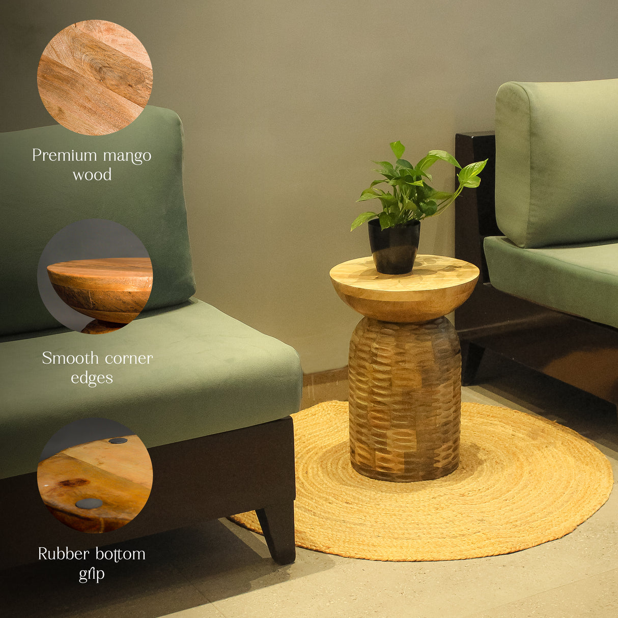 Vintage Mango Wood Side Table (13"x13"x17") - Rustic Accent for Living Room