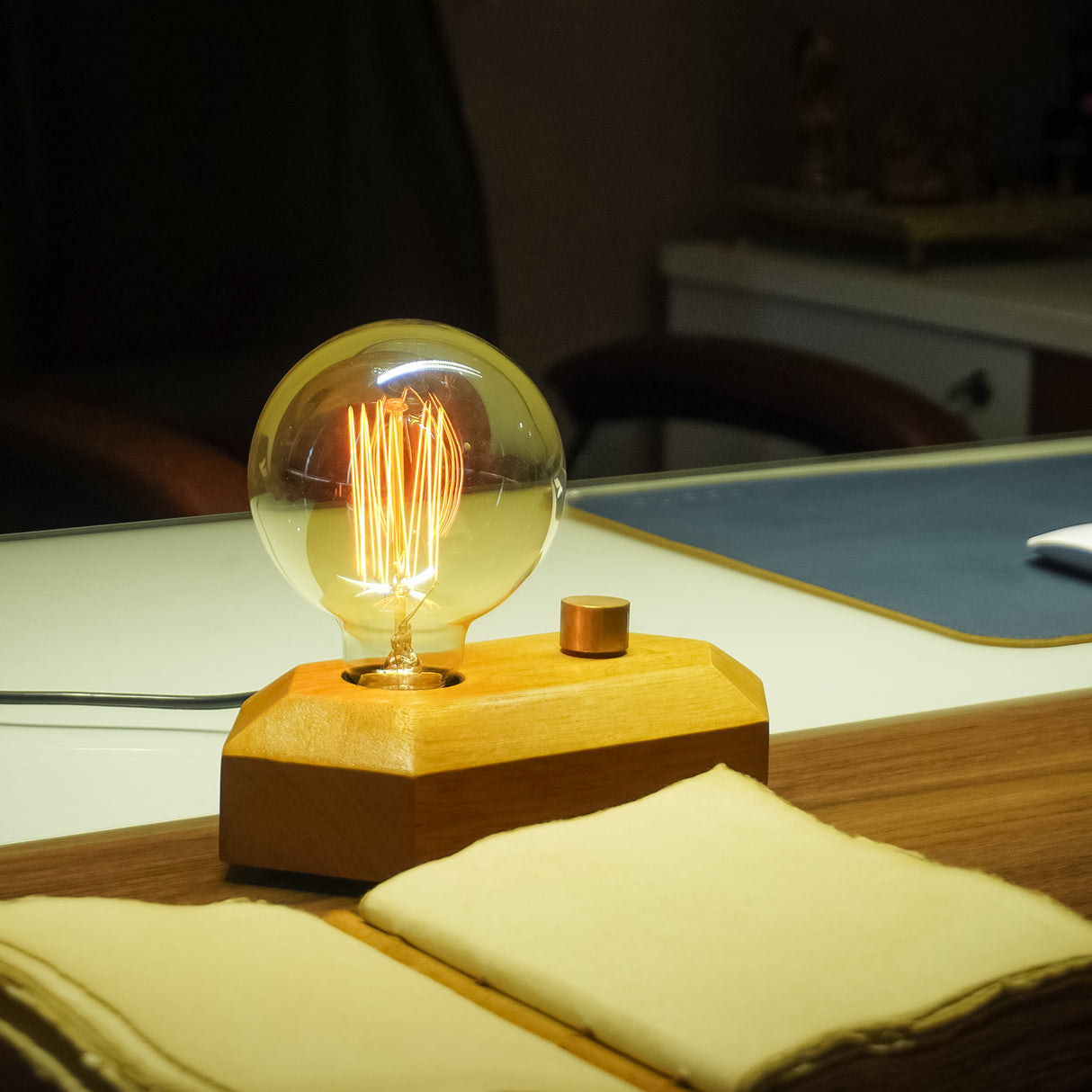 Handcrafted Geometric Wooden Lamp with Adjustable Glow