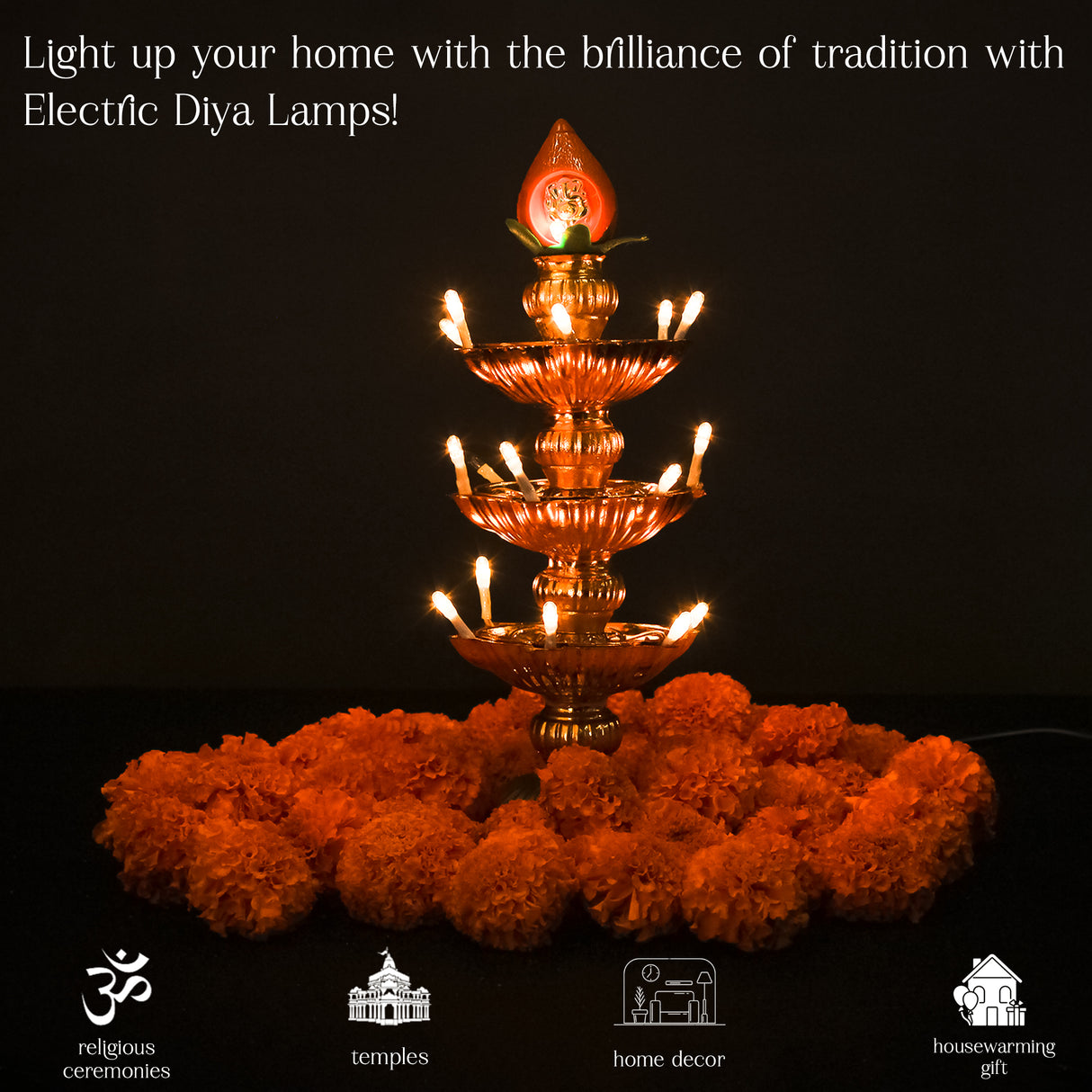 Saleberate Electric Golden LED Diya Lamp with Flame Design | Multi-Layer Temple Pooja Diya Light for Home, Mandir & Festivals