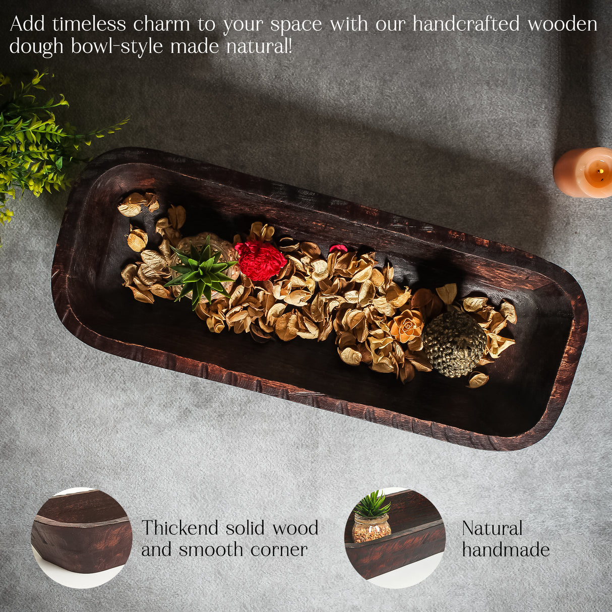 Rustic Wooden Dough Bowl – Handcrafted Decorative Centerpiece (20" x 8" x 3")