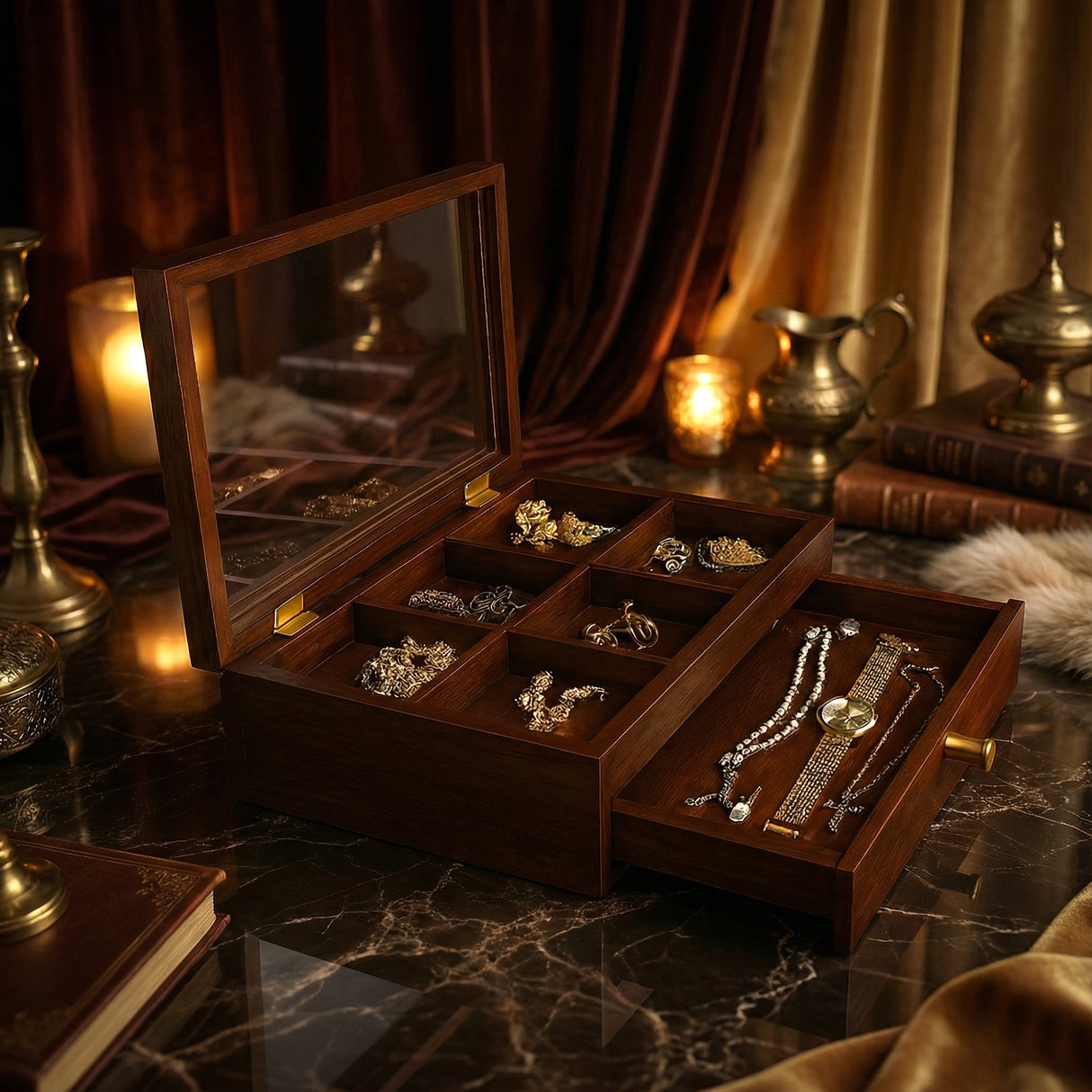 Handcrafted Wooden Bracelet & Jewelry Storage Box with Sliding Drawer - Premium Organizer with Multiple Compartments & Brass Hardware