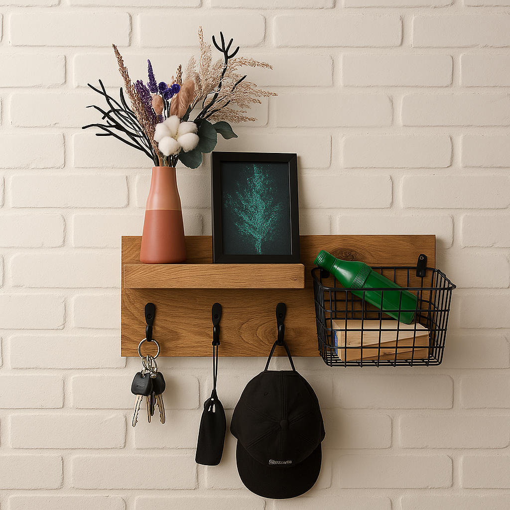 Wall Mounted Mail and Key Organizer – Rustic Industrial Entryway Shelf with Hooks