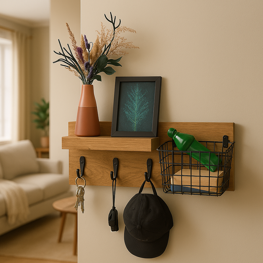 Wall Mounted Mail and Key Organizer – Rustic Industrial Entryway Shelf with Hooks