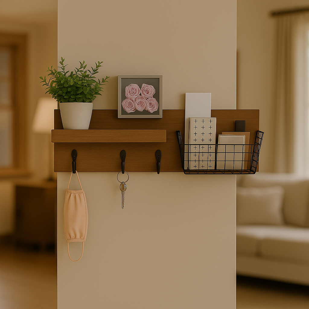 Wall Mounted Mail and Key Organizer – Rustic Industrial Entryway Shelf with Hooks