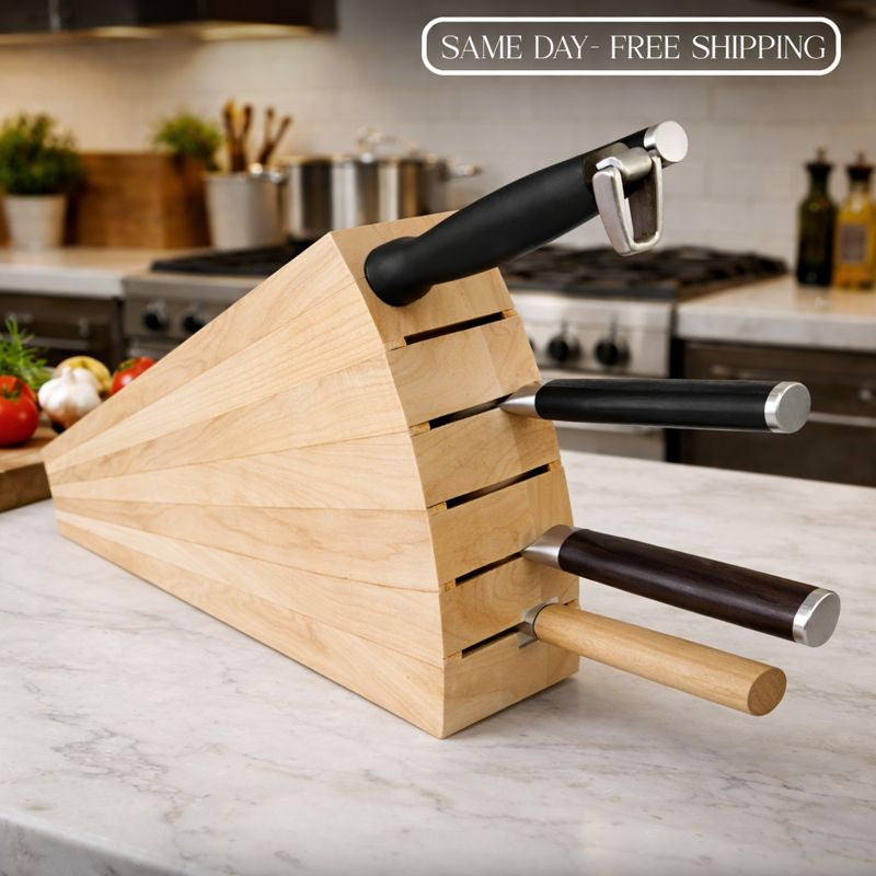 Handcrafted Wooden Knife Block – Magnetized Fan Line Design, 7-Knife Capacity