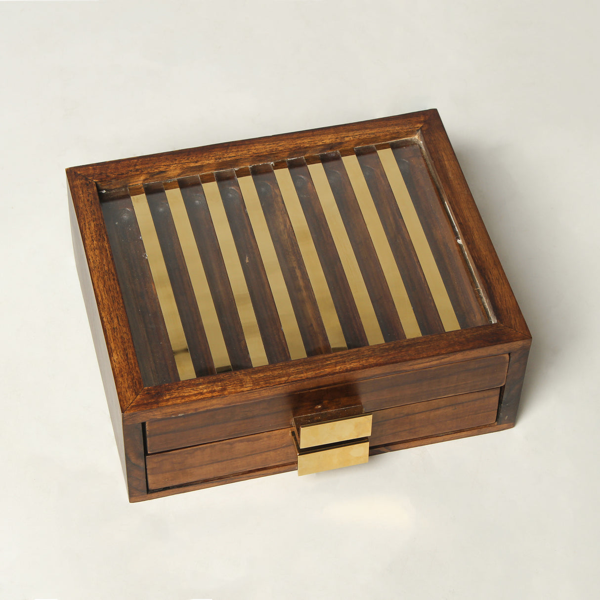 Elegant Wooden Pen Organizer with Glass Top & Brass Accents – Perfect Desk Gift