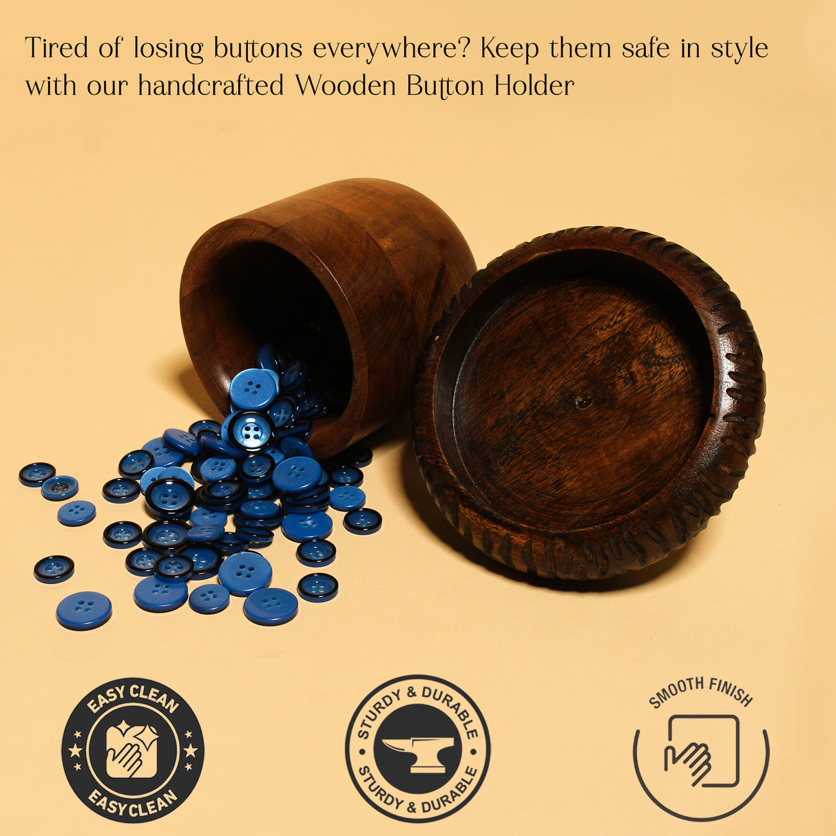 Wooden Button Storage Box – Handmade Button Organizer, Natural Wood Holder for Sewing & Craft Supplies, Durable Button Container