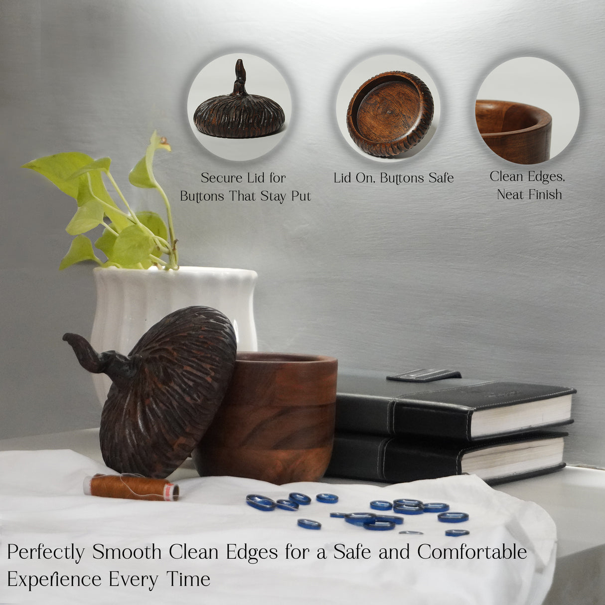 Wooden Button Storage Box – Handmade Button Organizer, Natural Wood Holder for Sewing & Craft Supplies, Durable Button Container