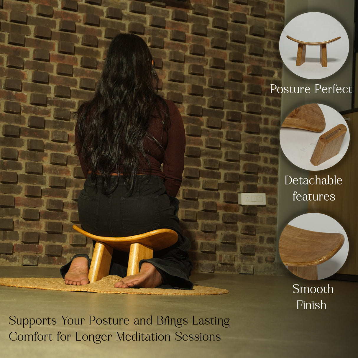 Handcrafted Wooden Meditation Bench – Ergonomic, Detachable Yoga Stool for Mindful Seating & Posture Support