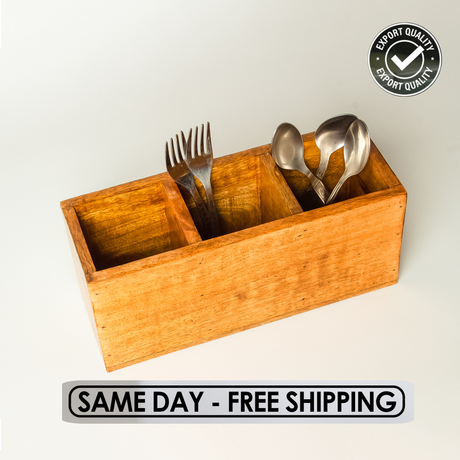 Wooden Cutlery Holder – 3 Compartment Utensil Organizer – Handmade for Spoons & Forks.