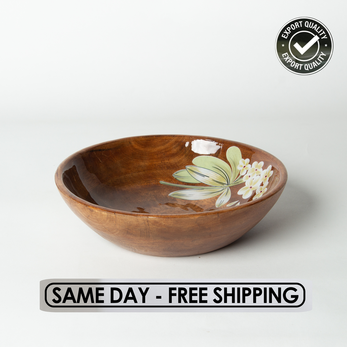 Handcrafted Acacia Wooden Fruit Bowl - Salad & Serving Bowl with Floral Design.