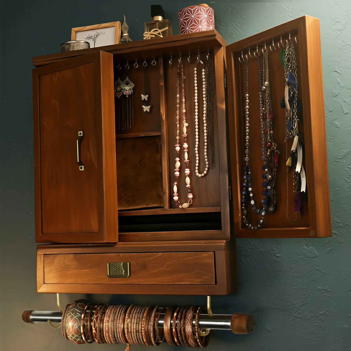 Handcrafted Teak Wood Jewellery Cabinet – Spacious 16×20×3.2 Inch Organizer with Drawer & Multi-Storage Sections