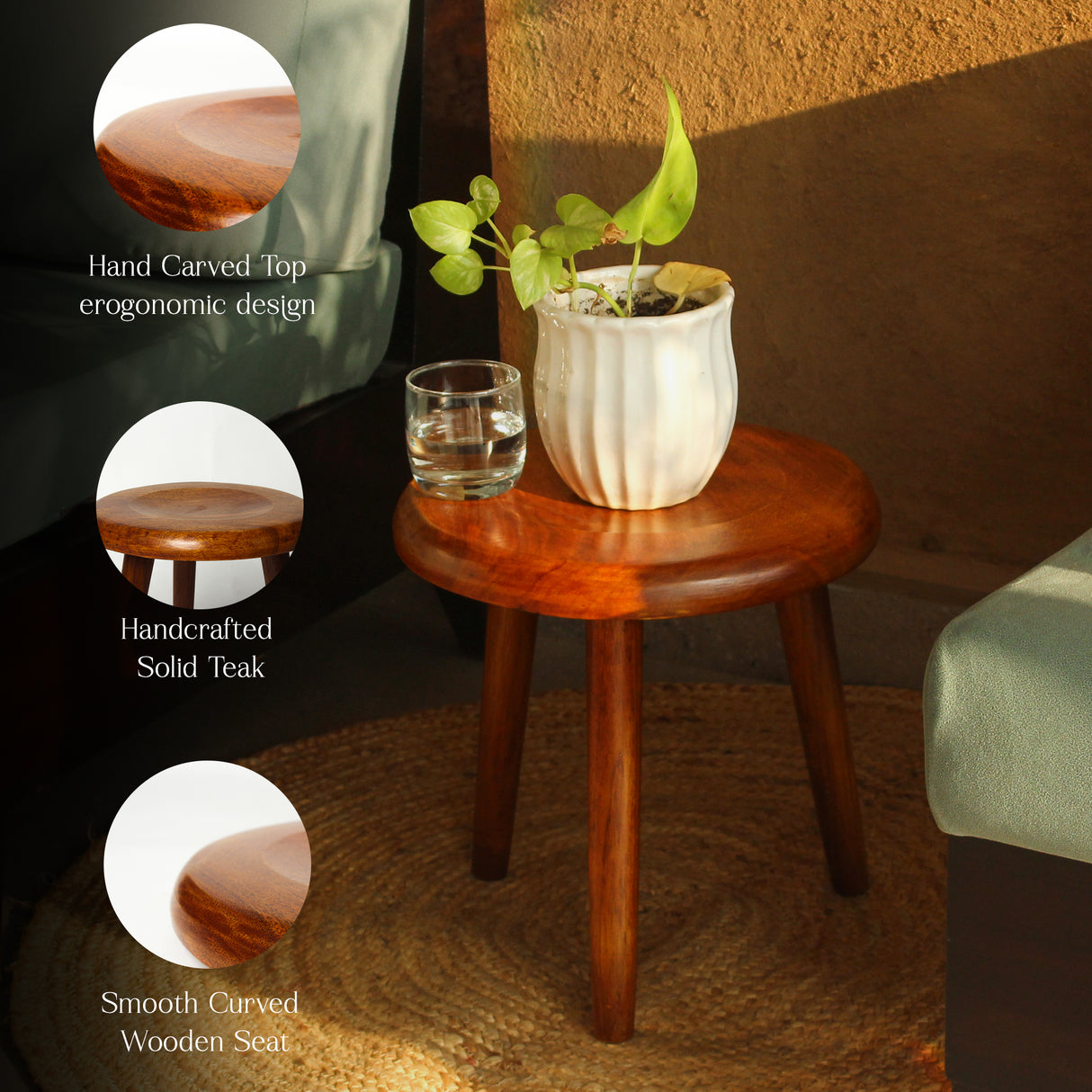 Solid Wood Round Stool – 13 Inch Diameter, Handcrafted Wooden Seating Stool