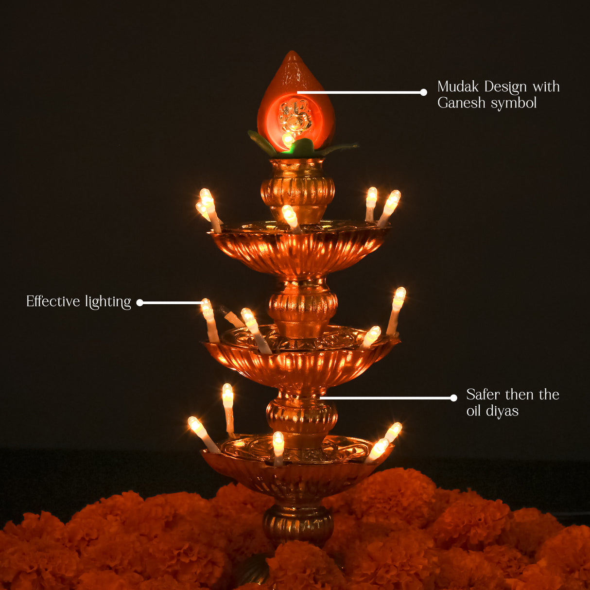 Saleberate Electric Golden LED Diya Lamp with Flame Design | Multi-Layer Temple Pooja Diya Light for Home, Mandir & Festivals