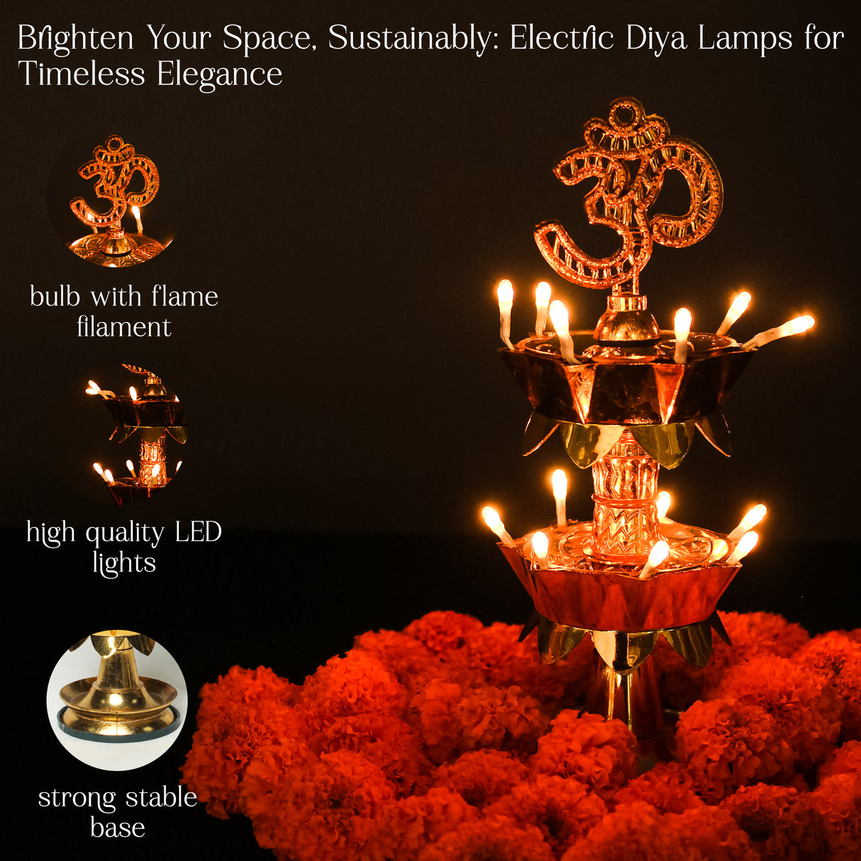 Saleberate Electric Golden LED Diya Lamp with Om Design | Multi-Layer Temple Pooja Diya Light for Home, Mandir & Festivals