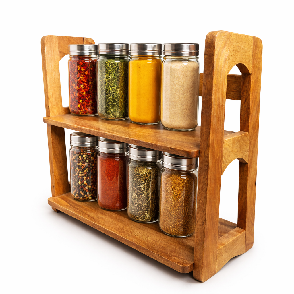 2-Tier Wooden Spice Rack for Kitchen Counter – Masala Organizer Stand for Spice Bottles, Herbs & Condiments