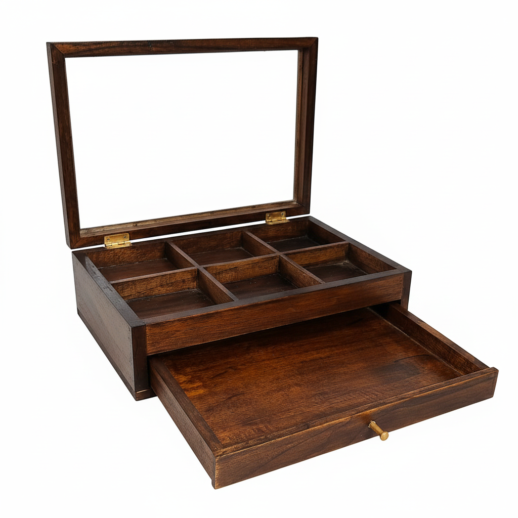 Handcrafted Wooden Bracelet & Jewelry Storage Box with Sliding Drawer - Premium Organizer with Multiple Compartments & Brass Hardware