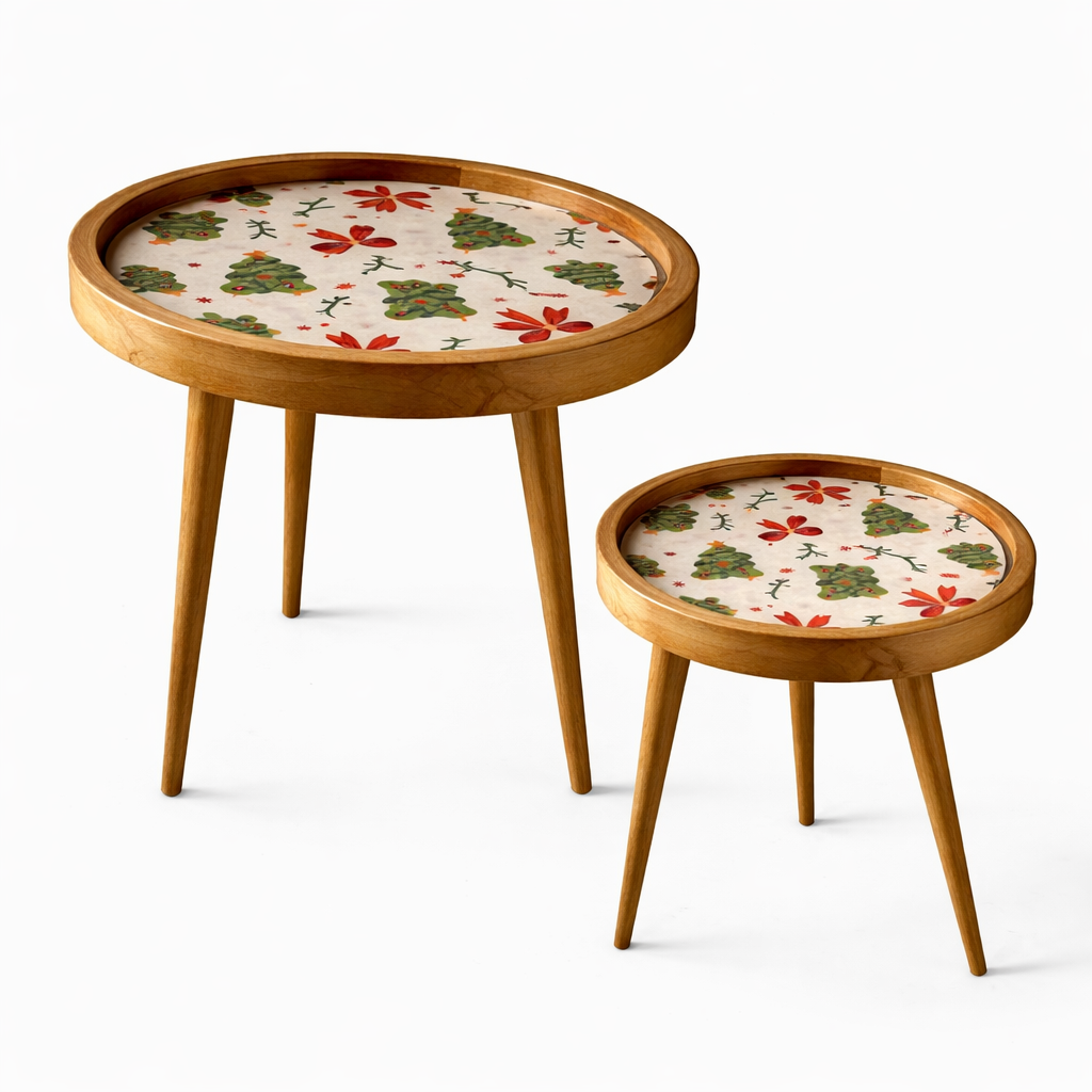 Handcrafted Wooden Coffee Table Set of 2 – Round Nesting Side Tables with Festive Printed Tray Top – Solid Wood Accent Tables for Living Room, Bedroom & Balcony Décor
