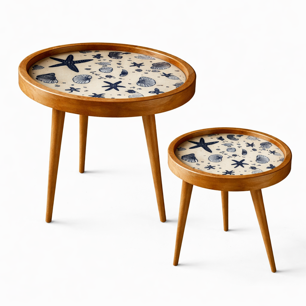 Solid Wood Round Coffee Table Set of 2 with Coastal Seashell & Starfish Print - Handmade Tray-Top Nesting Side Tables for Living Room, Bedroom & Balcony Décor