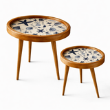 Solid Wood Round Coffee Table Set of 2 with Coastal Seashell & Starfish Print - Handmade Tray-Top Nesting Side Tables for Living Room, Bedroom & Balcony Décor