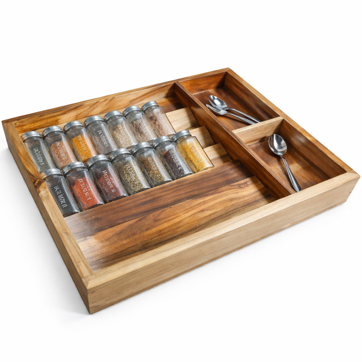 Premium Solid Wood Kitchen Drawer Organizer with Spice Jar & Cutlery Compartments – Handcrafted Modular Storage Tray for Neat & Elegant Kitchens