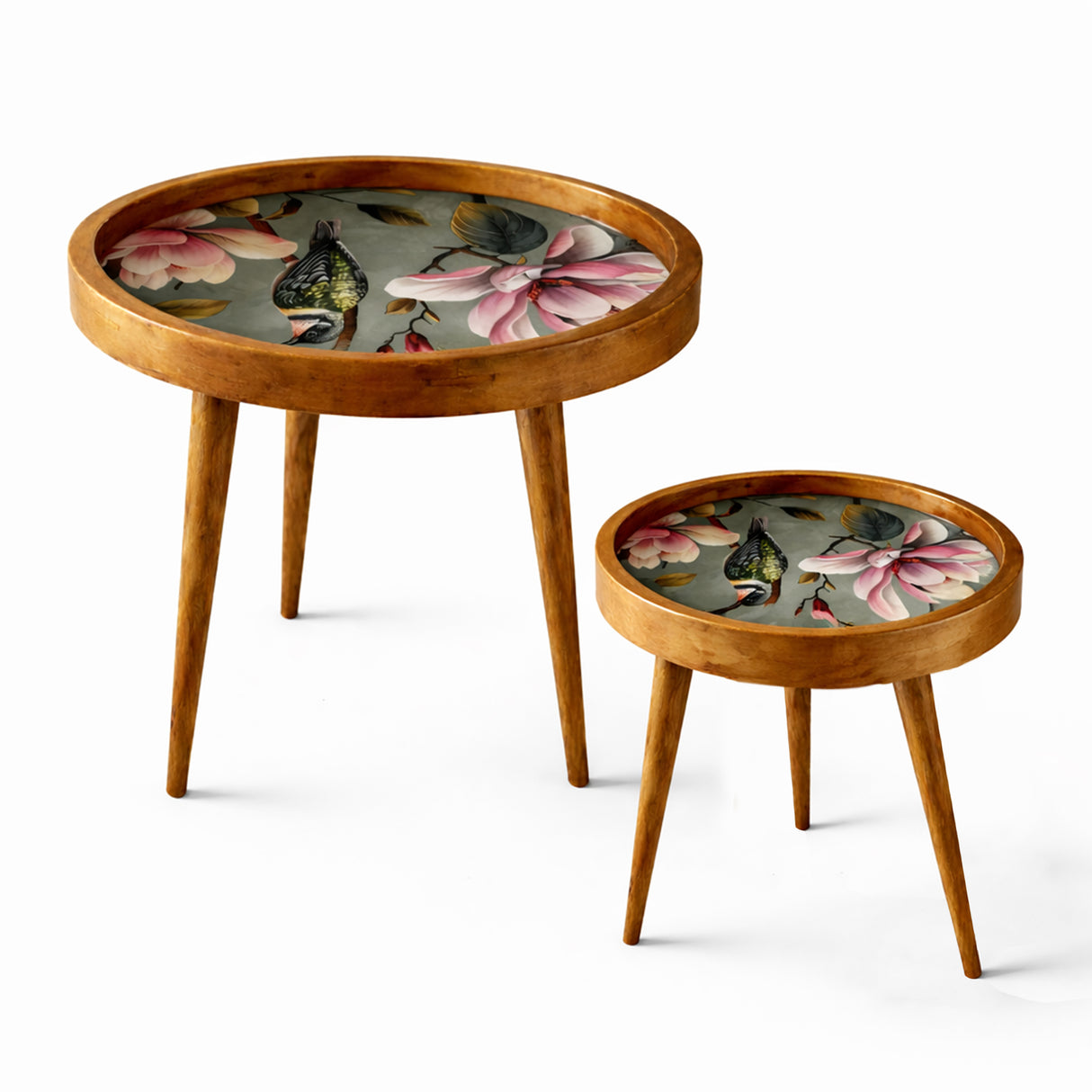 Handcrafted Wooden Round Coffee Table Set of 2 – Solid Wood Nesting Side Tables with Decorative Inlay Top for Living Room & Balcony