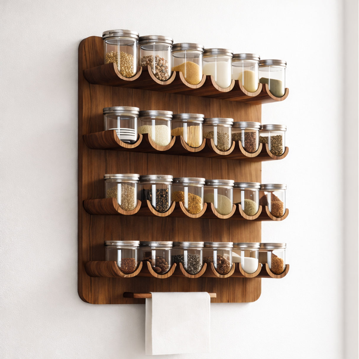 Premium Wooden Wall Spice Rack Organizer with Jars – Vertical Space Saving Masala Stand for Modern Kitchens