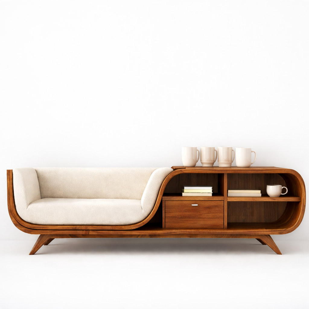 Mid-Century Modern Teak Wood Storage Sofa Bench with Shelves | Space-Saving Wooden Couch for Living Room Decor