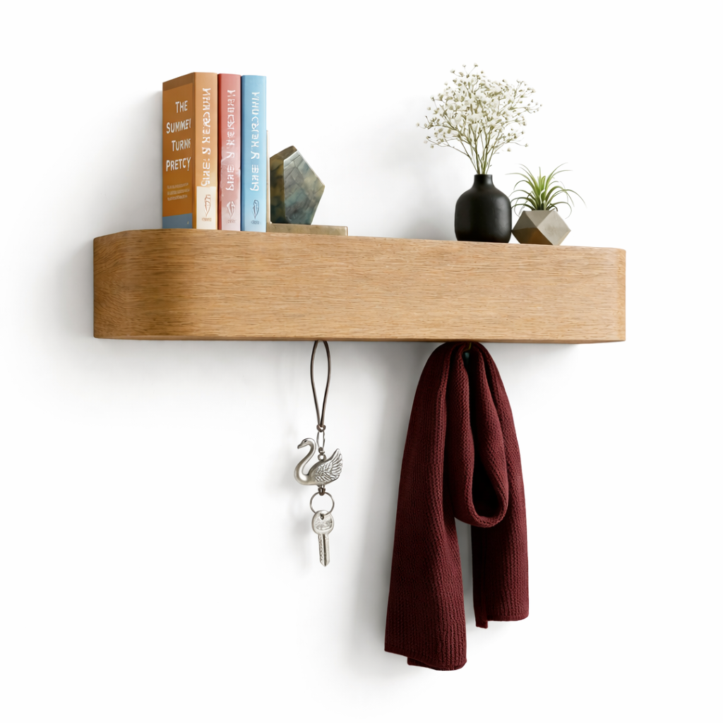 Floating Wall Shelf with Hooks – Wooden Entryway Organizer, Key Holder, Coat Rack & Storage Shelf for Home