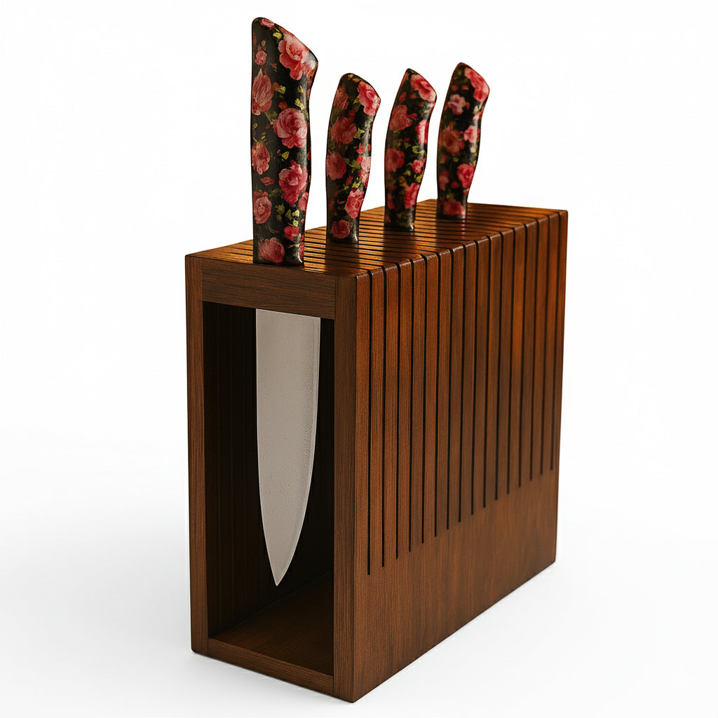 Handcrafted Wooden Knife Block Holder - Premium Countertop Knife Organizer with Ventilated Slots