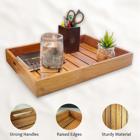 Wooden Tray Set of 3 with Handles – Acacia Wood Serving Trays for Coffee & Kitchen