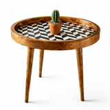 Handcrafted Wooden Round Side Table – Solid Wood Accent Table with Designer Inlay Top for Living Room, Bedroom & Home Décor