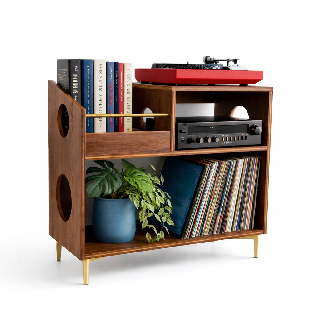 Luxury Vinyl Record Storage Cabinet – Wooden Turntable Stand with Open Shelves, High-Capacity LP Storage & Integrated Audio Shelf