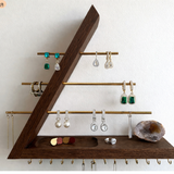 Modern Wooden Jewelry Organizer Wall Shelf with Brass Bars – Sculptural Display & Storage Rack for Necklaces, Earrings & Rings