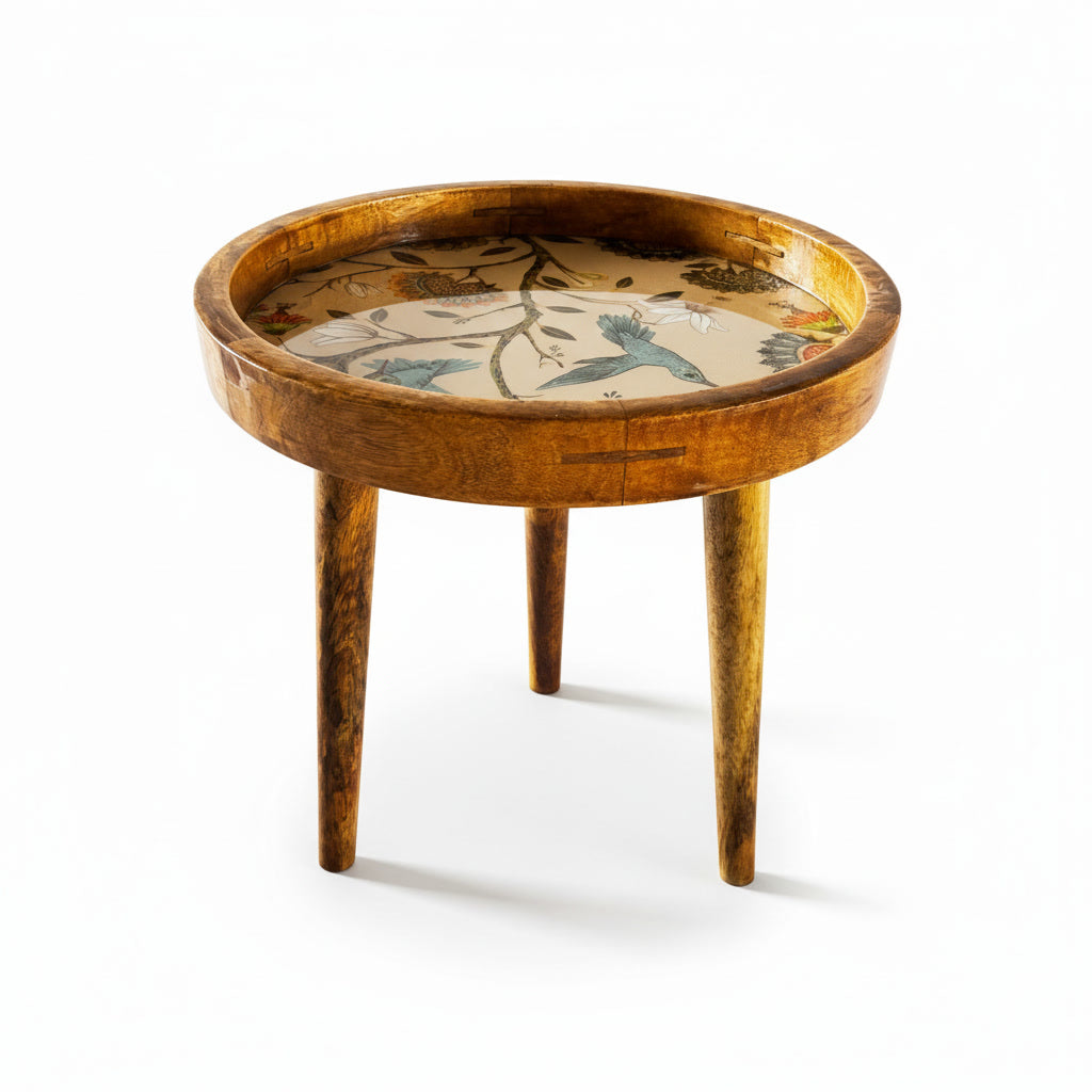 Handcrafted Wooden Round Side Table with Decorative Inlay Top – Solid Wood Accent Table for Living Room, Bedroom & Home Décor
