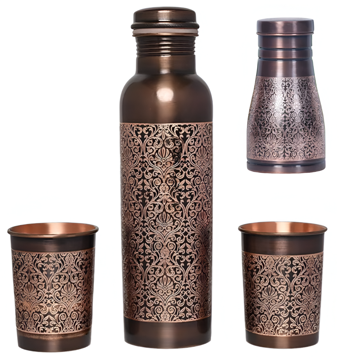 Pure Copper Water Bottle Set with 2 Glasses & Copper Sugar Pot