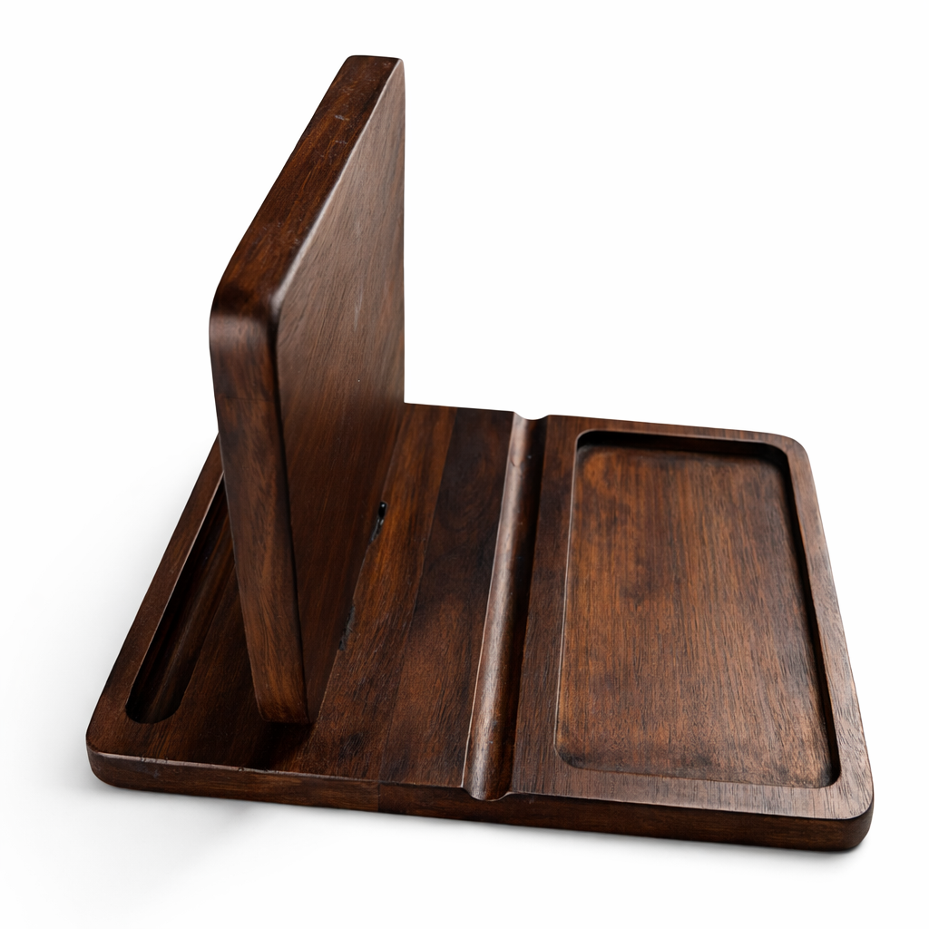 Handcrafted Wooden Book Valet & Nightstand Organizer – Premium Reading Stand with Glasses, Phone & Pen Holder