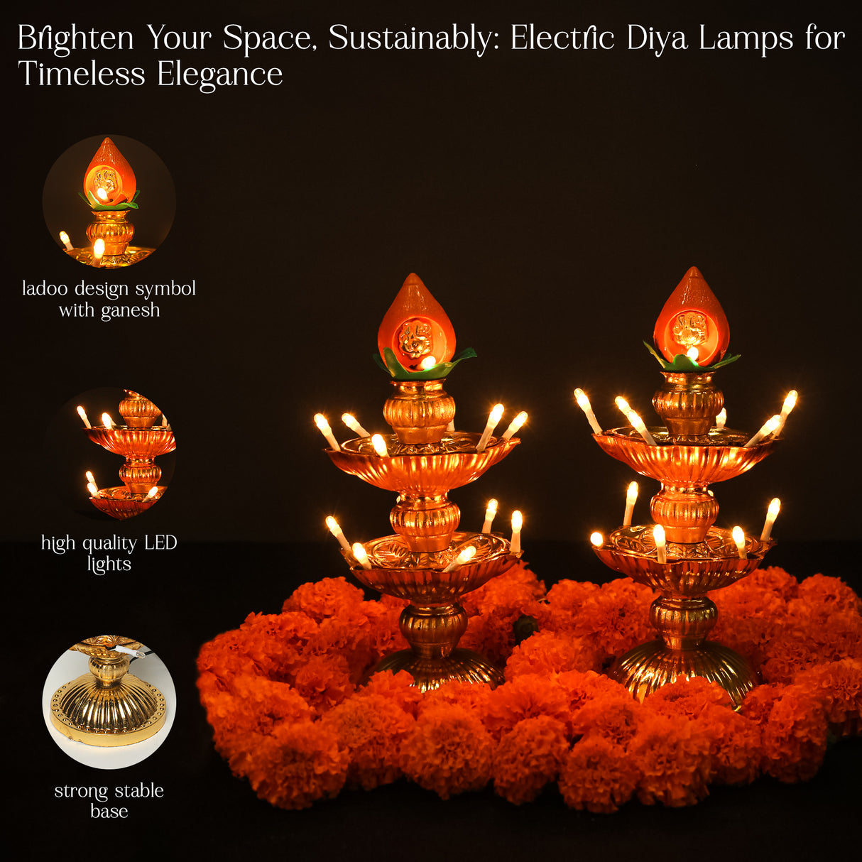 Saleberate Electric Golden LED Diya Lamp with Flame Design | Multi-Layer Temple Pooja Diya Light for Home, Mandir & Festivals