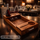 Wooden Wine Serving Tray for Bottle & Glasses – Charcuterie Board with Bronze Handles