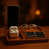 Premium Walnut Desk Docking Station – Handcrafted Wooden Organizer for Phone, Glasses & Daily Essentials