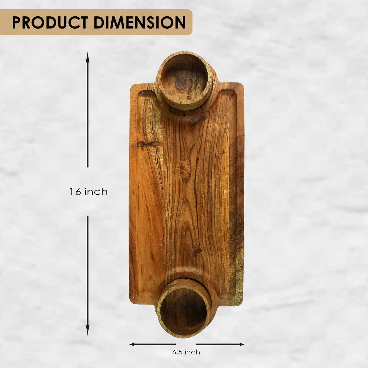 Wooden Serving Tray with 2 Dip Holders – Acacia Platter for Snacks & Entertaining