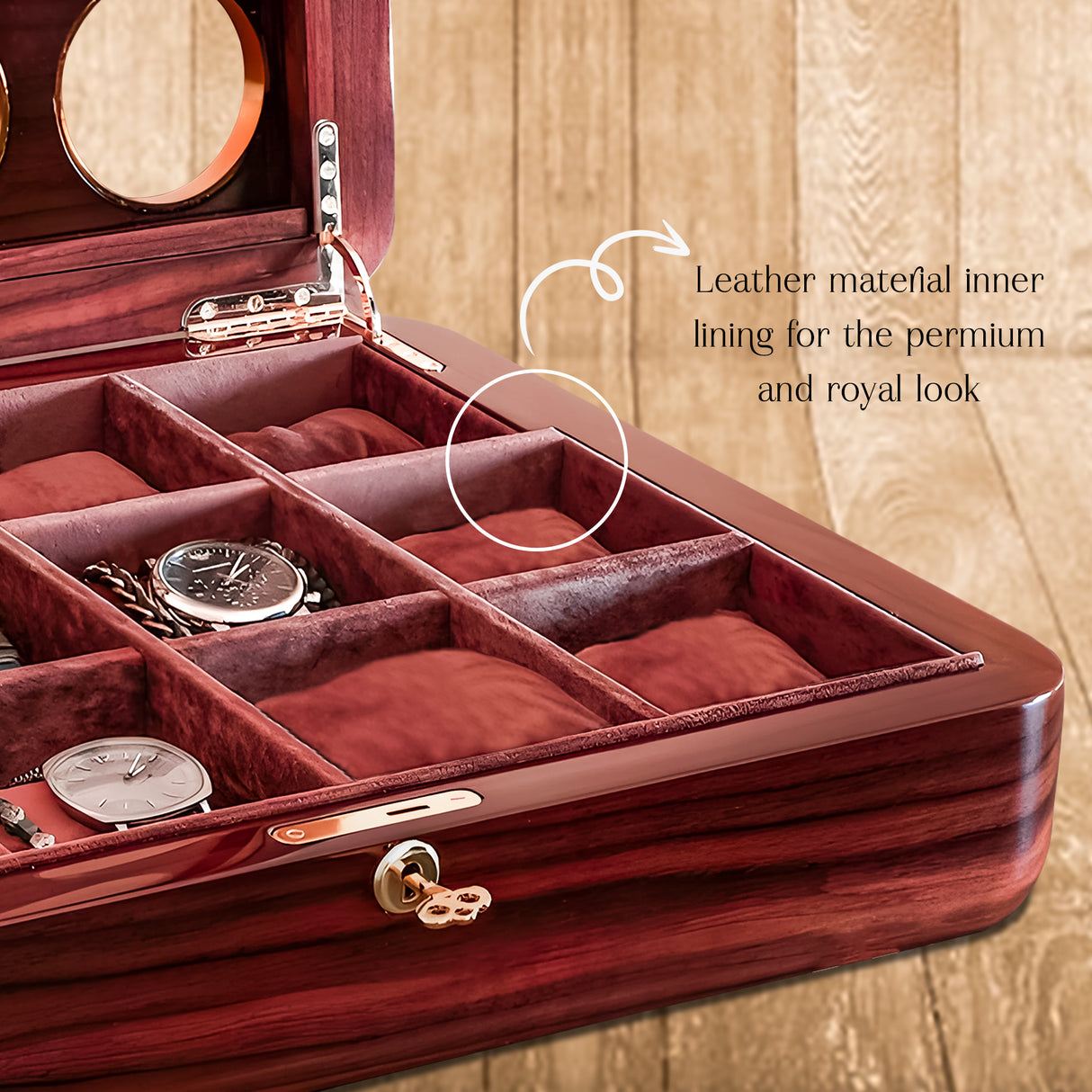 Luxury Acacia Wood Watch Box with Glass Lid, 12-Slot Watch Organizer with Key Lock