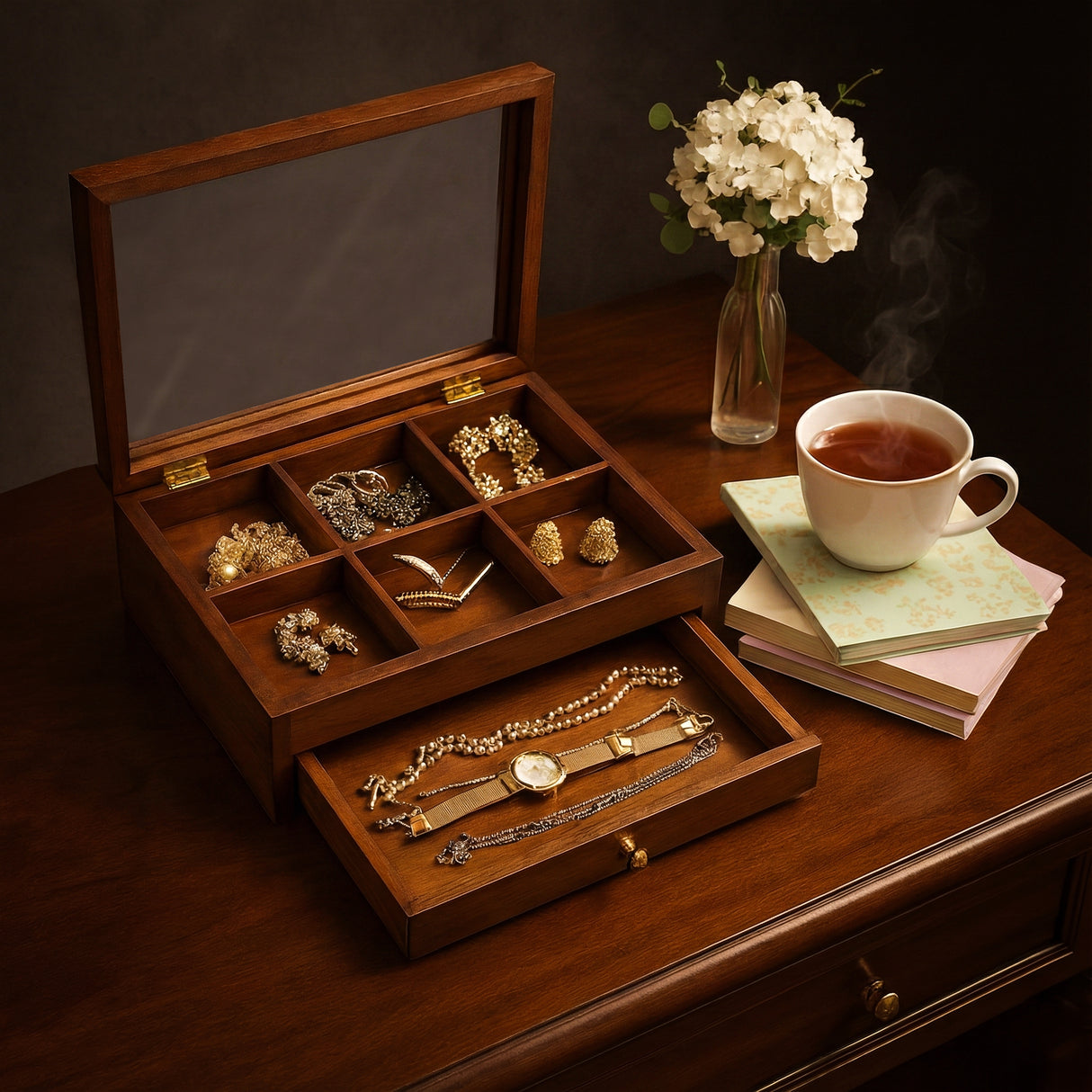 Handcrafted Wooden Bracelet & Jewelry Storage Box with Sliding Drawer - Premium Organizer with Multiple Compartments & Brass Hardware