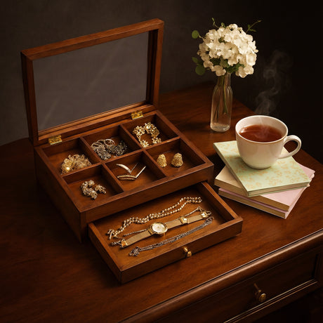 Handcrafted Wooden Bracelet & Jewelry Storage Box with Sliding Drawer - Premium Organizer with Multiple Compartments & Brass Hardware