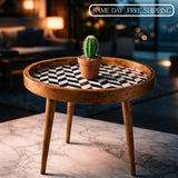 Handcrafted Wooden Round Side Table – Solid Wood Accent Table with Designer Inlay Top for Living Room, Bedroom & Home Décor