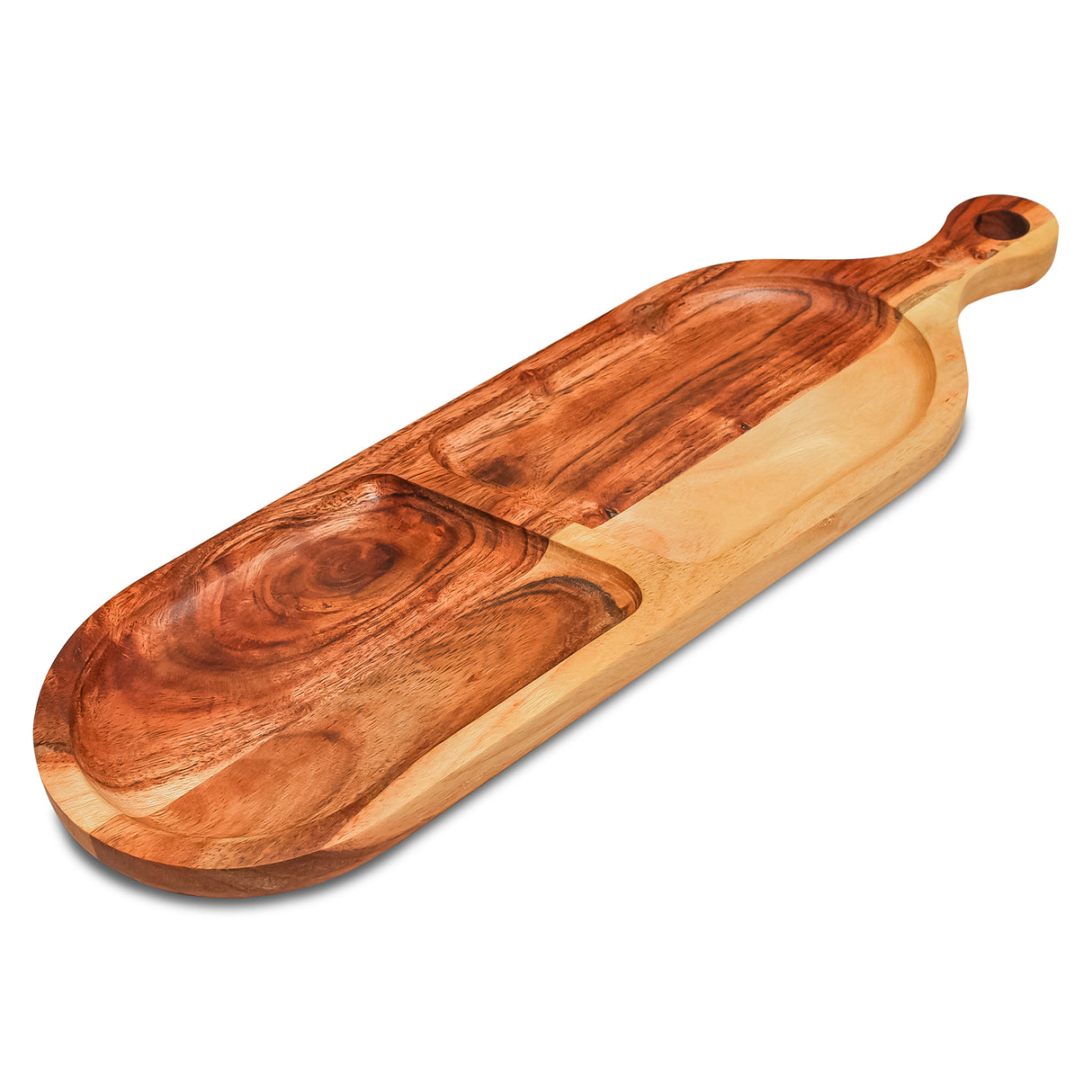 Long Acacia Wood 2-Section Serving Board with Handle – Dark Finish for Cheese & Meat